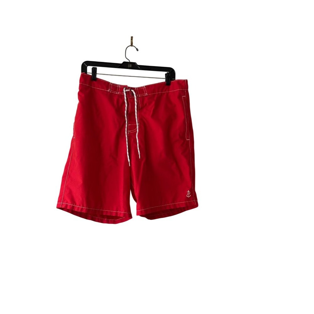 Joe Fresh Red Mens Swim Shorts L Drawstring Elastic Waist Anchor Logo